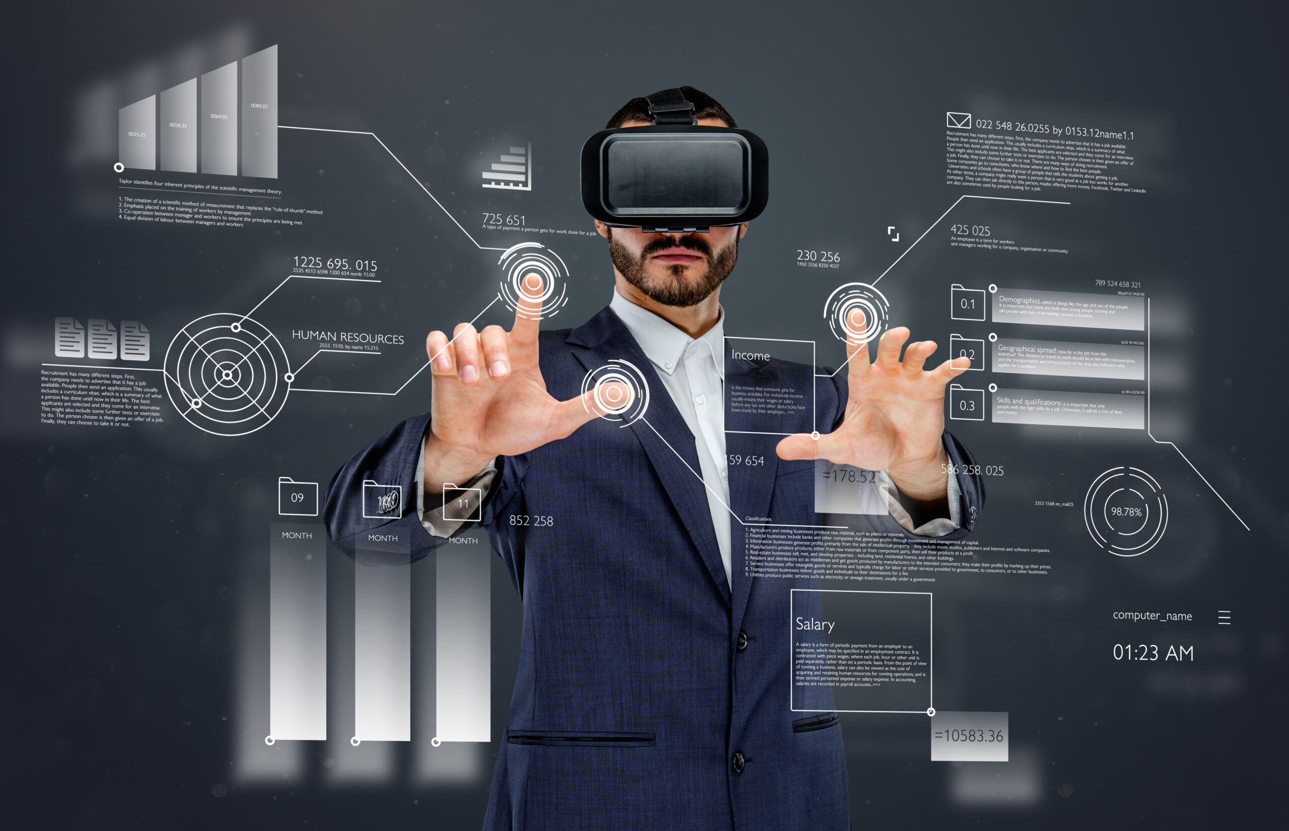 male suit with virtual reality glasses his head working virtual financial world scaled 5
